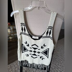 EUC Amoli Sweater Fringe Western Geometric Tank, Cream and Black, S/M